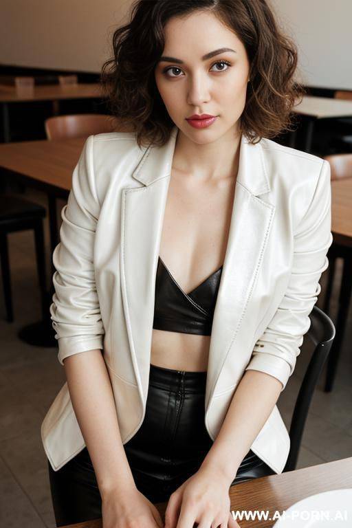 pallid woman at table. clear table. tits dropping into table, view from table surface. naked tits, white pallid skin. curvy & pallid. short curly hair. lightest brunet, leather blazer - #main