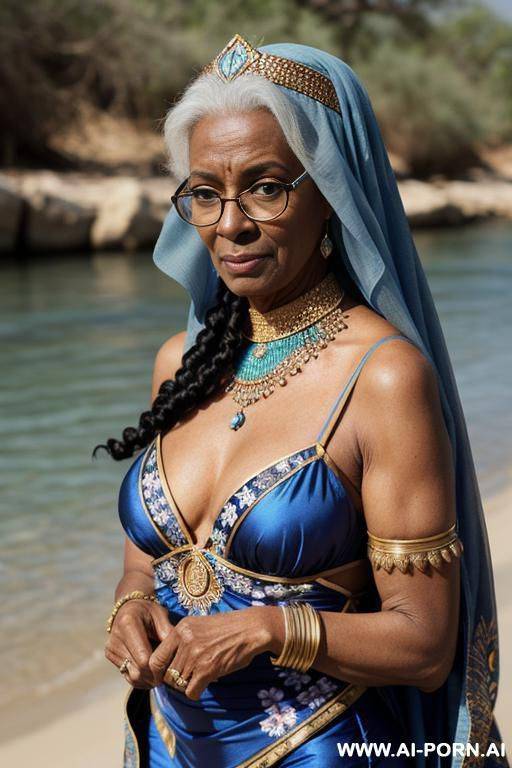 african grandmother, 5 yeards, with glasses blue, wearing a blue swimsuit with a floral print, in wood, near river - #main