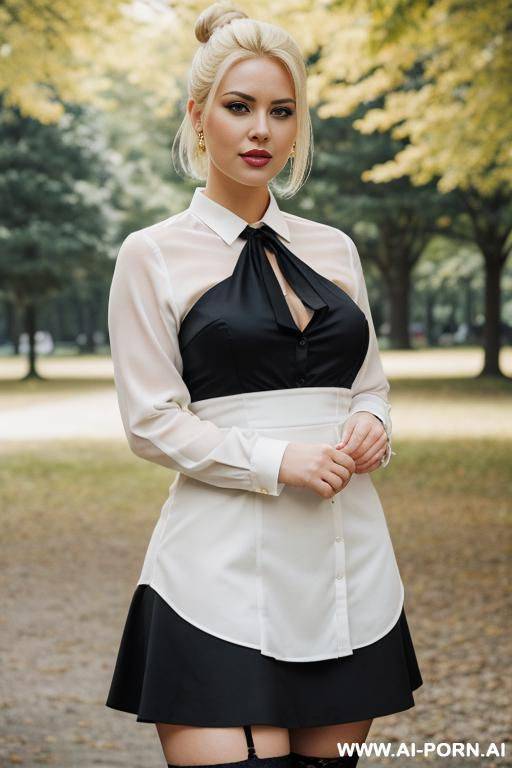 cutie babe face. round-faced. curvy. white blouse over a black dress. short blonde painted hair. unnatural hair color. thick lips. stockings. - #main