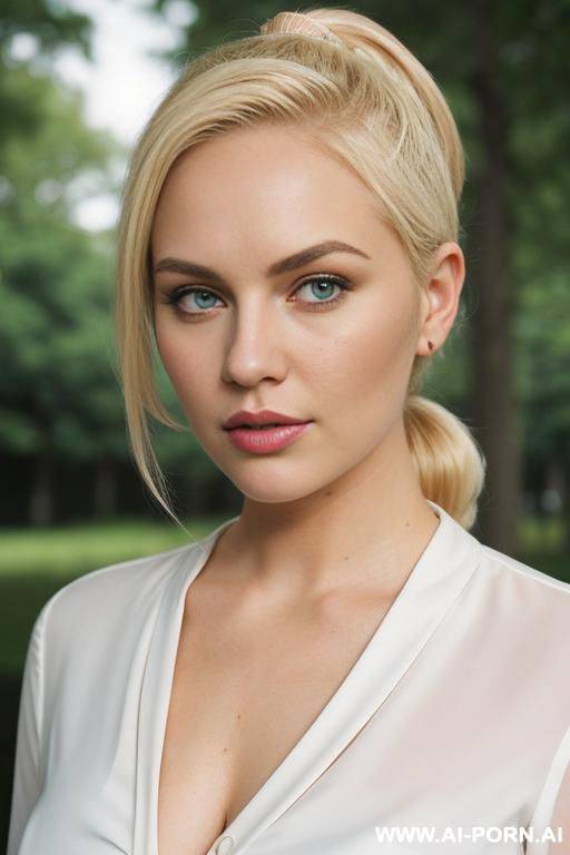 cutie babe face. round-faced. curvy. white blouse over a black dress. short blonde hair. thick lips. - #main