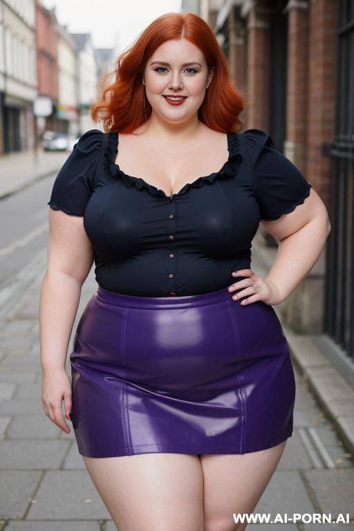 close up full body photo shot, about at street, chubby very ((very obese)) redhead fat bbw curvy teacher, wearing a sexy and hot micro ruffle purple leather skirt, and elegant top, teaching to the classroom. ((dynamic angle)), perfect face - #main