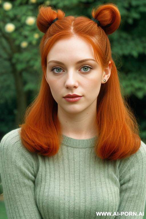 cutie babe face. shorty height. ginger tails. two tails left and right. light sweater, black jeans. not very beautiful but pretty. average level of beauty. 1990s style. - #main