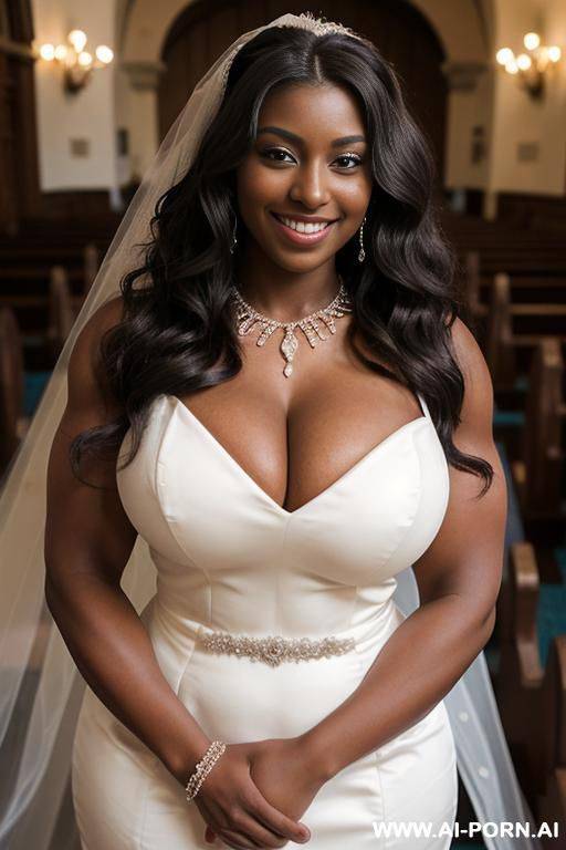 medium shot, high quality face, ((((massive breasts)))), ((thick arm muscles)), dark skinned, 20 year old, wearing a bridal gown, smiling, hourglass body, ((very long wavy hair)), standing in a wedding chapel - #main