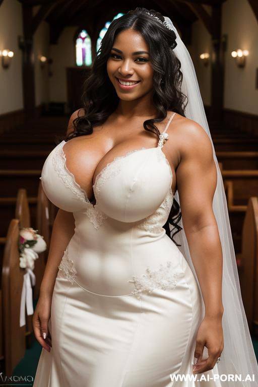 medium shot, high quality face, ((((massive breasts)))), ((thick arm muscles)), light skinned, 20 year old, wearing a bridal gown, smiling, hourglass body, ((very long wavy hair)), standing in a wedding chapel - #main