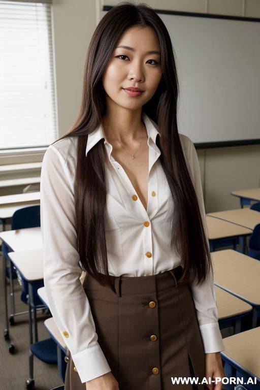 long and straight hair, (((unbuttoned all buttons to formed very very deep-v neckline))) - #main
