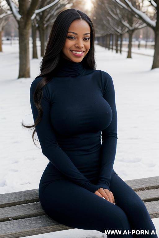 medium shot photo, (((massive breasts))), geek, light skinned, 20 year old, wearing a navy long sleeved turtleneck, smiling, hourglass body, ((very long hair)), sitting in a park in winter - #main