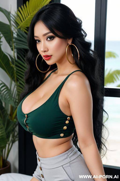 tropical island, tight casual clothes, extremely pretty, makeup, full lips, button nose, ahegao, flowing hair, hoop earrings, big round boobs, tight waist, eye contact, looking at viewer - #main