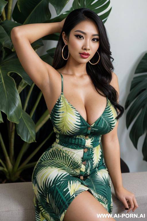 sitting, tight tropical dress, casual clothes, extremely pretty, makeup, full lips, button nose, ahegao, flowing hair, hoop earrings, big round boobs, tight waist, eye contact, looking at viewer - #main