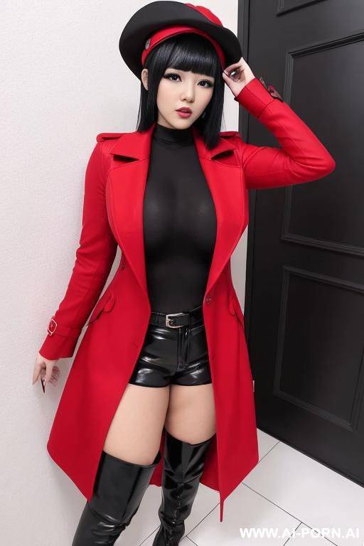 one woman dressed in a red overcoat with a dark shirt and dark pant with black boots. she has short black hair covering her ears and a black cap. big boobs, big ass, curvy, serious, japanese - #main