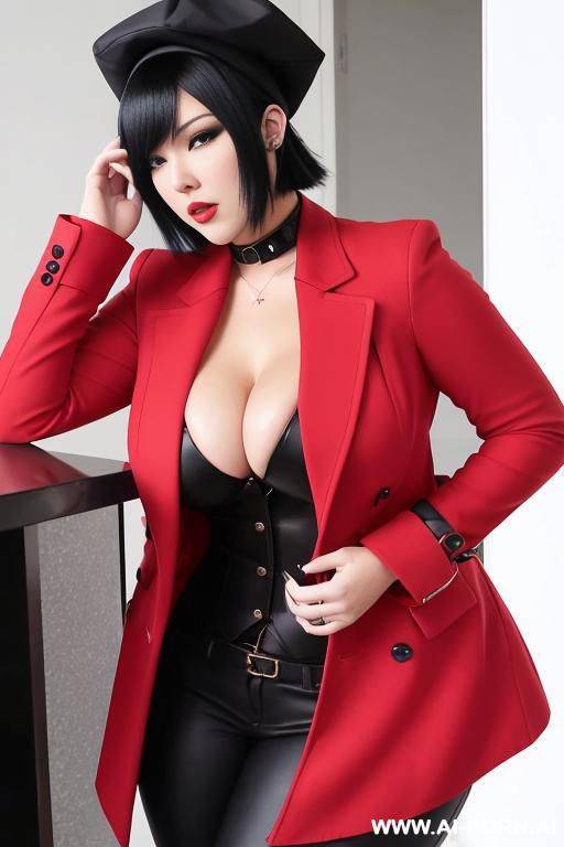 one woman dressed in a red overcoat with a dark shirt and dark pant with black boots. she has short black hair covering her ears and a black cap. big boobs, big ass, curvy, serious, japanese, square bob haircut - #main