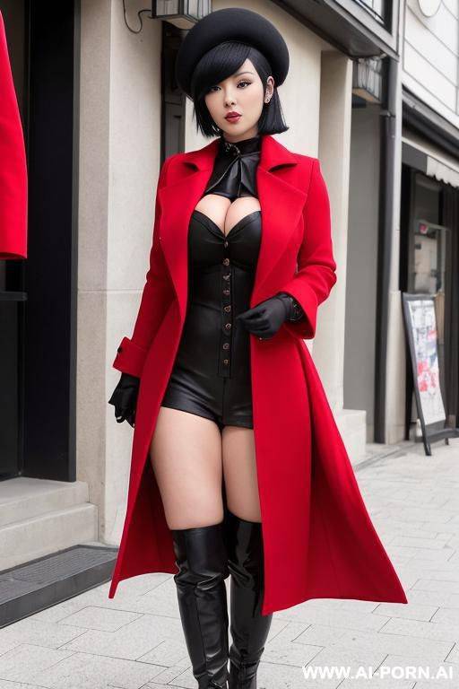 one woman dressed in a open red overcoat with a dark shirt and dark pant with black boots. she has short black hair covering her ears and a black beret. big boobs, big ass, curvy, serious, japanese, square bob haircut, twenty years old - #main