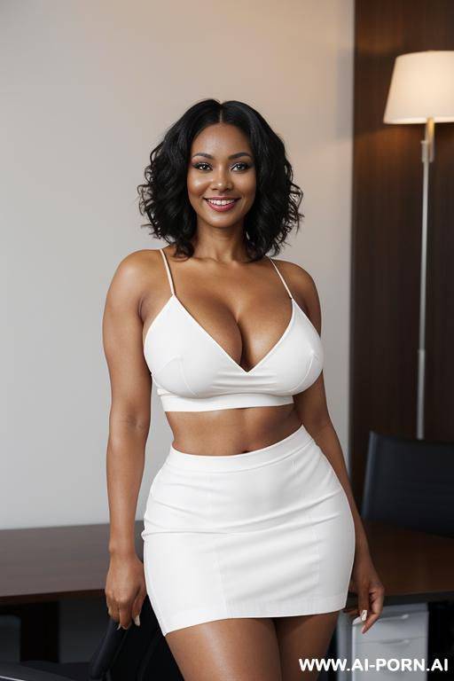 a horny ebony milf, image frame from head to knees, (((very tall))), extremely beautiful face, white underwear, short white skirt, stunning beauty, view from the front, full body view - #main