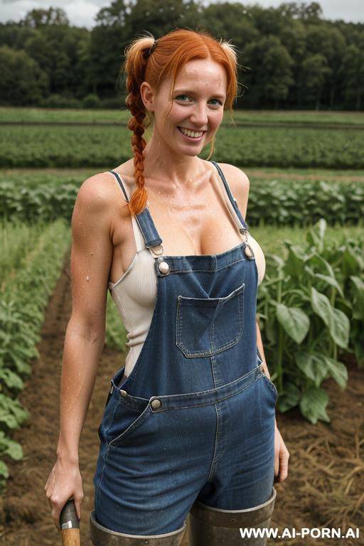 farmers woman, wearing revealing overalls, sweating, straddling garden tools, soaking wet pussy - #main