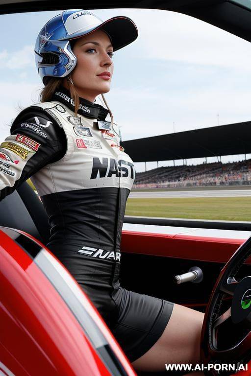 realistic photo, totally naked race car driver, totally naked sexy body, action shot, side view driving, holding the steering wheel wheel naked, saggy jumpy massive boobs swinging while driving - #main