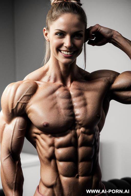 (bedroom background), view increasing muscle size and definition, (naked), (nude), (shortest most muscular white woman only), ((very white pallid skin)), (pink nipples), hard & pallid, ((extremely - #main