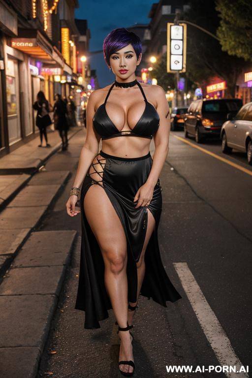 pornstar bimbo, hourglass body, bimbo lips, gigantic fake tits, teapered waist, cumslut milf, curvy body, sexy bimbo face, full body view, ((keep face)), ((keep body)), halloween night, halloween suburban neighborhood, - #main