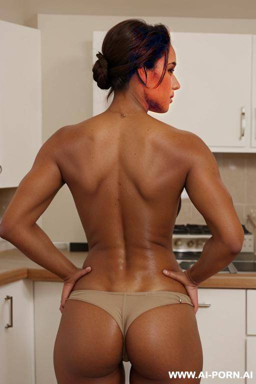 extremely tanned mature brunette with brown hair tied on top posing from the back - #main
