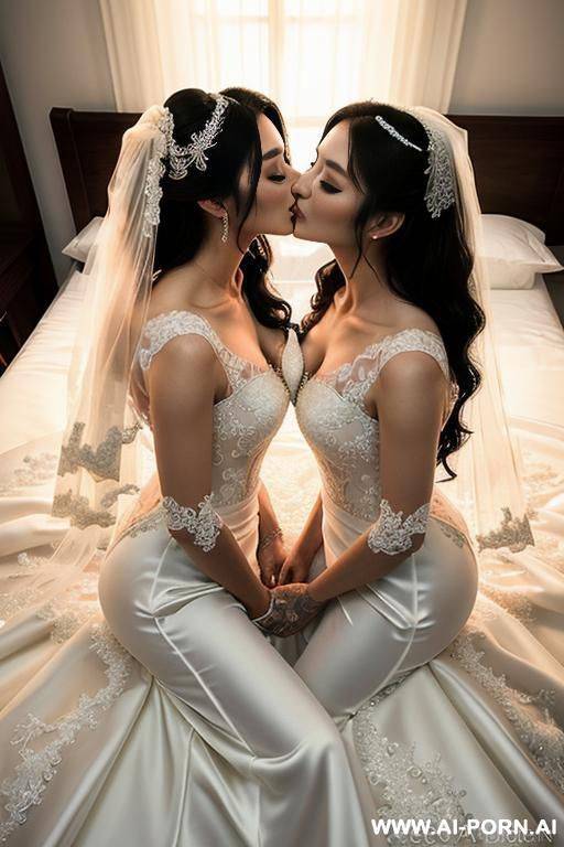 2 korean idol wear sheer lace wedding dress and kissing on bed, 2 womans are pressing each other and kissing on the bed , lay on bed, traditional clothes - #main