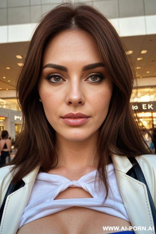 at the mall. a lot of people. make up. leather blazer. one nipple exposed. (ultra detailed photo), (hyper realistic photo) - #main