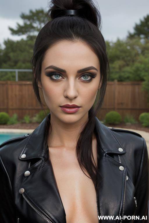 big eyes, eyeliner, heavy makeup, in backyard near in ground pool, model - #main