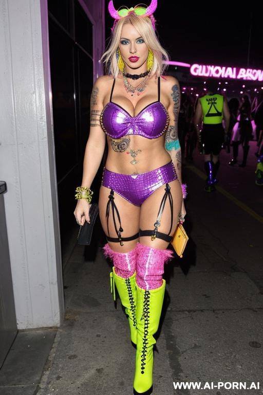 blond milf going to a rave party in colourful outfit with many accessories and boots tattoos on right arm - #main