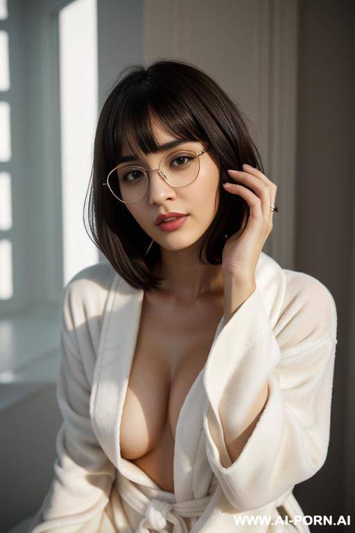 she has very high eyebrows. she is wearing plastic frame glasses. she is so flirty and provocative. bright light skin. pointy nose. thin expressive eyebrows. round eyes. small tits. but bumpy ass. white skin. - #main