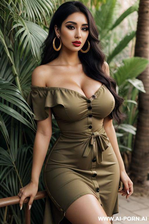 jungle, tight off shoulder dress kawaii, extremely pretty, makeup, full lips, button nose, flowing hair, hoop earrings, big round boobs, tight waist, stare - #main