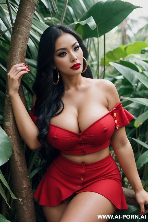 jungle, tight off shoulder and red skirt, kawaii, extremely pretty, makeup, full lips, button nose, flowing hair, hoop earrings, big round boobs, tight waist, stare - #main