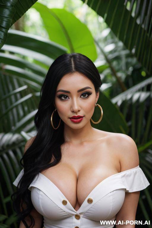 rainforest, tight off shoulder, kawaii, extremely pretty, makeup, full lips, button nose, flowing hair, hoop earrings, big round boobs, tight waist, eye contact, looking at viewer - #main