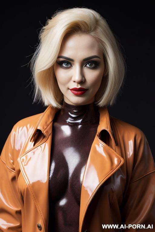 red latex coat, beautiful, fashion model, bimbo, black eyes colour - #main