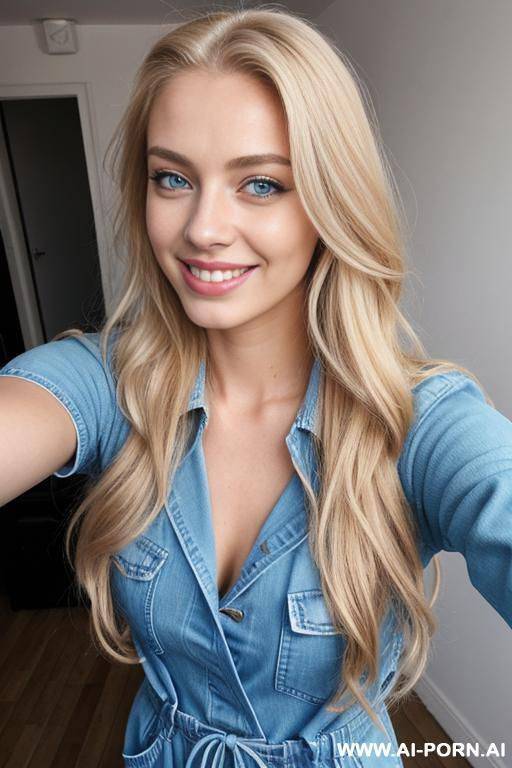 a european woman, smiling, 20 years old, blue eyes, long blond hair, very messy hair, lips, jean jumpsuit, full body view, slefie - #main