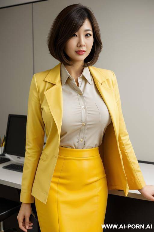doctor coat, yellow office shirt, pencil skirt, medium length bobcut - #main