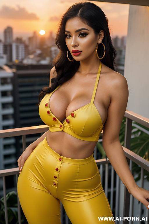 sunset jungle balcony, tight yellow outfit, kawaii, extremely pretty, makeup, full lips, button nose, flowing hair, hoop earrings, big round boobs, tight waist, stare - #main