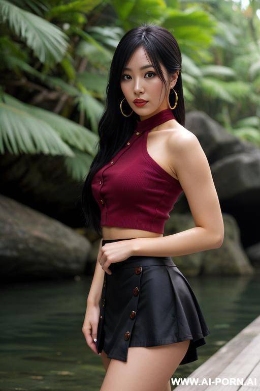 jungle river, tight casual clothes, kawaii, extremely pretty, makeup, full lips, button nose, flowing hair, hoop earrings, big round boobs, tight waist, stare bdsm - #main