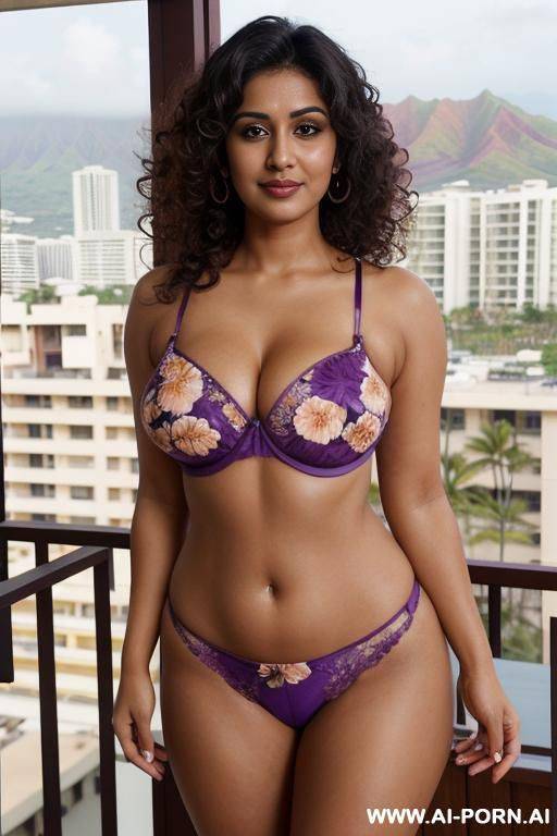 ((purple floral bra)), (gorgeous), beautiful eyes, (big full lips), big nose, (beautiful), (lean) (photorealistic) (tanned indian), (ultra detailed photo), (hyper realistic photo), ((busty)), (balcony, hawaii in the background) - #main