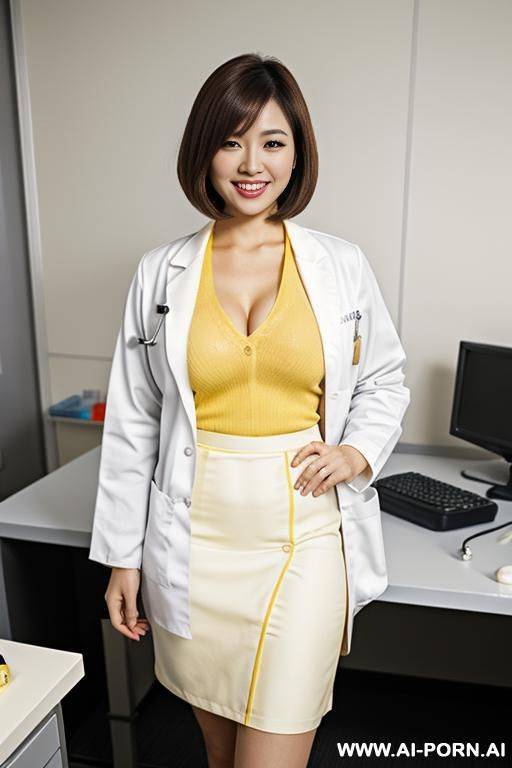 ((white doctor lab coat)), yellow office shirt, pencil skirt, medium length bobcut - #main