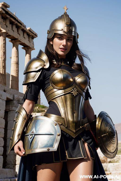 she his carrying above her head a shield upside down. she wears an greek helmet, armour skirt - #main