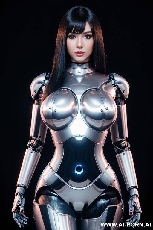 (robot total artificial robot body woman) with long black hair and black glossy gold metall threads, glowing blue robotic eyes, and a light natural pink complexion. her body is entirely - #main