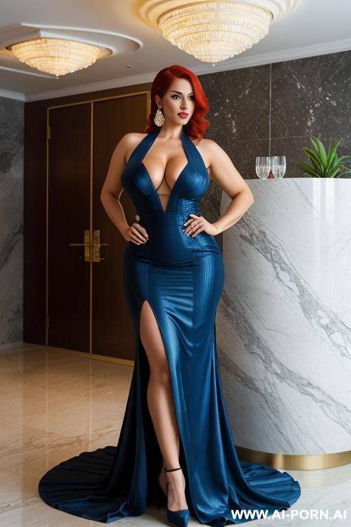 sexy model milf with face standing on the floor while she closed her 2 legs and make x shape . big massive rounded ass , wide hips , long dress with blue colour with striped cuts , narrow waist . - #main