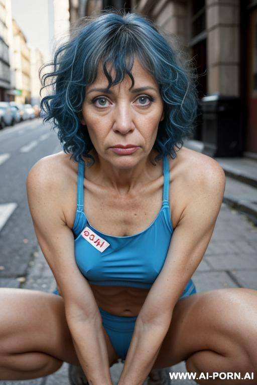 woman 1d old naked on the street with breasts and bald pussy she sucks cock squatting on the street and blue curly haire - #main