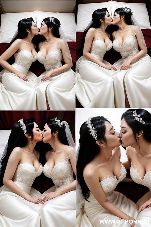 women, kissing, 2 korean idol wear wedding dress and kissing on bed, bride, 2 womans are pressing each other and kissing on the bed , lay on bed, kissing while lay on bed, traditional - #main