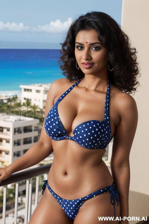 ((matte spandex blue polka dot push up bikini)), (gorgeous), beautiful eyes, (big full lips), big nose, (beautiful), (lean) (photorealistic) (tanned indian), (ultra detailed photo), (hyper realistic photo), ((busty)), (balcony, hawaii in the background) - #main