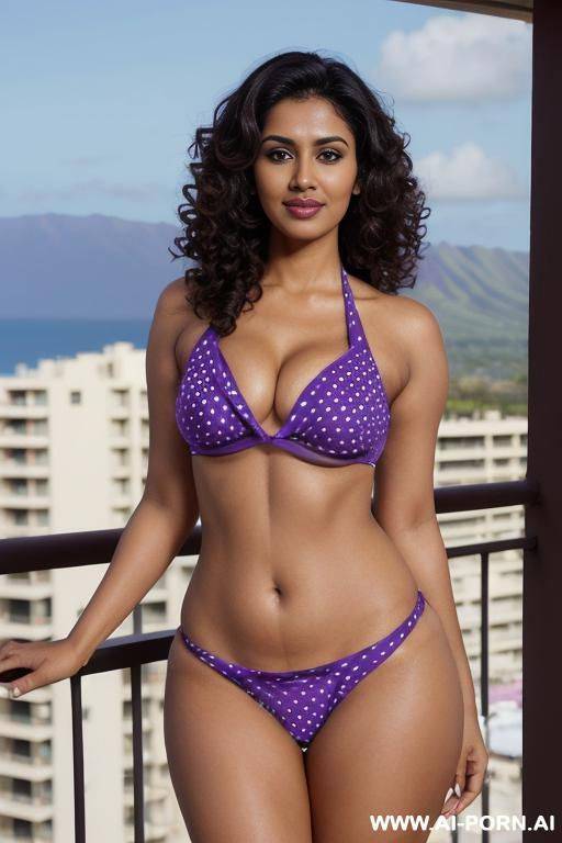 ((matte spandex purple polka dot push up bikini)), (gorgeous), beautiful eyes, (big full lips), big nose, (beautiful), (lean) (photorealistic) (tanned indian), (ultra detailed photo), (hyper realistic photo), ((busty)), (balcony, hawaii in the background) - #main
