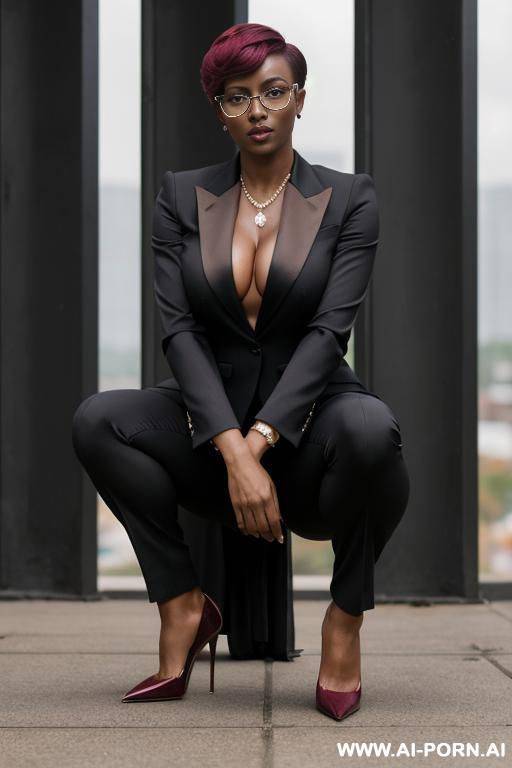 hot sexy tall woman dark skin huge tits (pixie haircut) glasses (high heels) ( suit) - #main