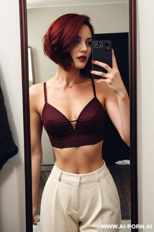 dark red hair, short hair, crop top, mirror shot - #main