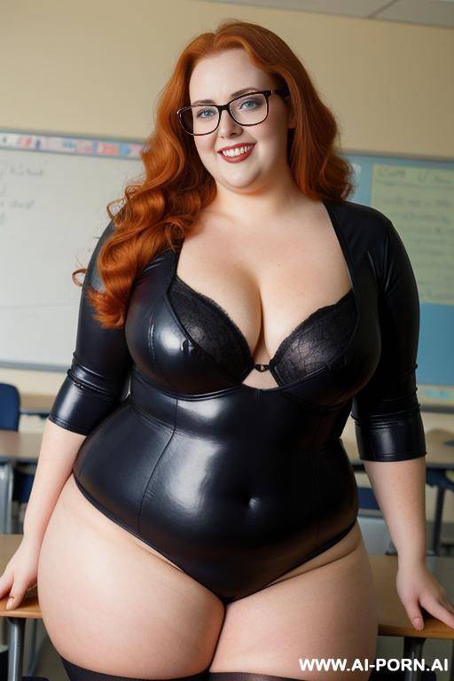 half body photo shot, dynamic angle 30, about at classroom, very obese chubby fat bbw curvy teacher, wearing a sexy and hot colorfull texture latex stocking lingeries, she is a obese smart teacher. ((dinamyc angle)) - #main