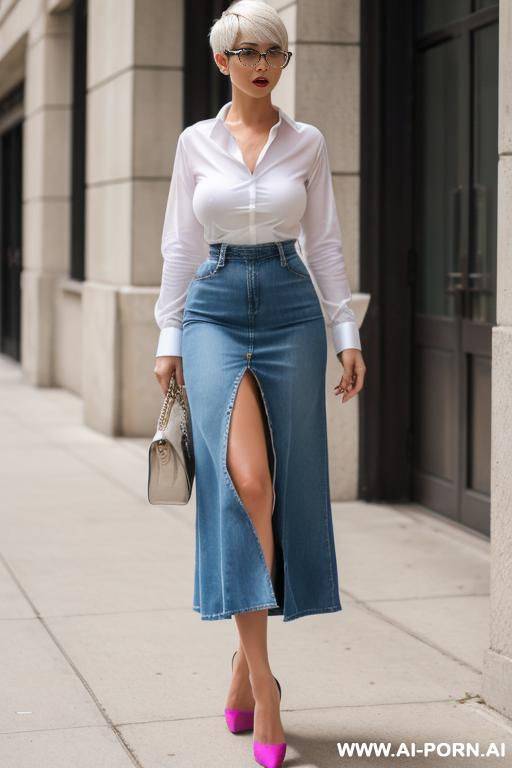 hot sexy tall woman white skin huge tits (pixie haircut) glasses (high heels) denim long skirt (knee stockings) (unbuttoned shirt) - #main