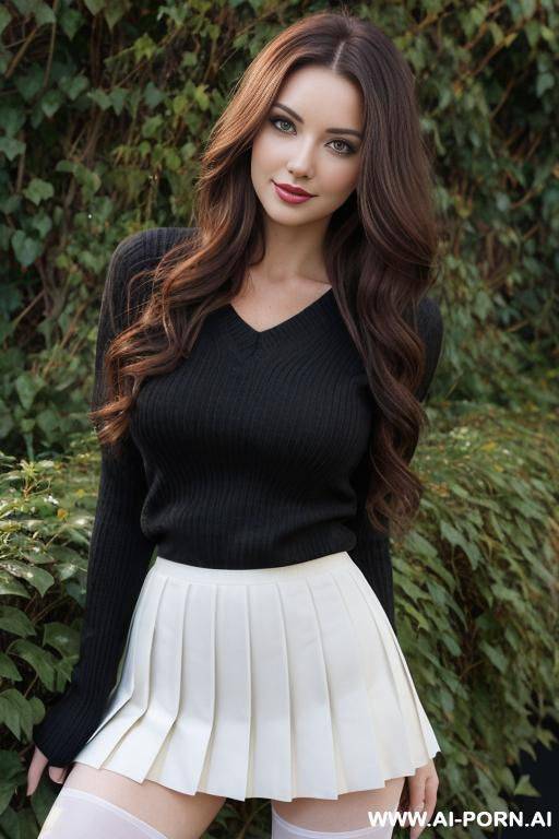 pretty, ukrainian, 30, flowing wavy hair, dark auburn hair, white skin, athletic body, natural boobs, slight smile, makeup, eye shw, standing, spreading legs, pleated skirt, v-neck sweater, black tights, garden background. - #main
