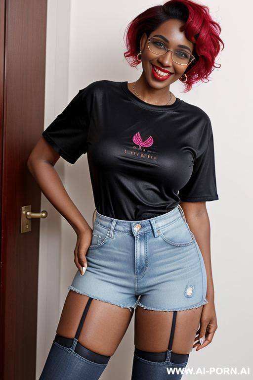 hot sexy tall woman dark skin huge tits pixie hair (very high platform heels) glasses (denim shorts) (knee stockings) (over sized t-shirt) (sneakers) - #main