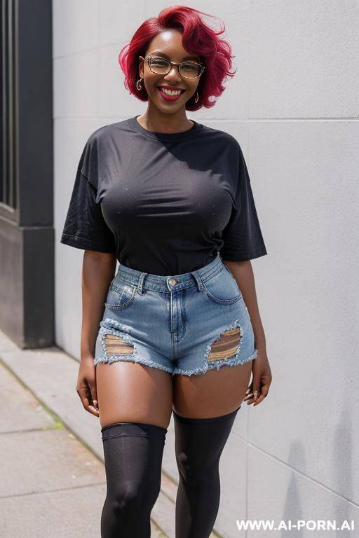 hot sexy tall woman dark skin huge tits pixie hair glasses (denim shorts) (knee stockings) ( big oversized t-shirt over the shorts ) (sneakers) - #main